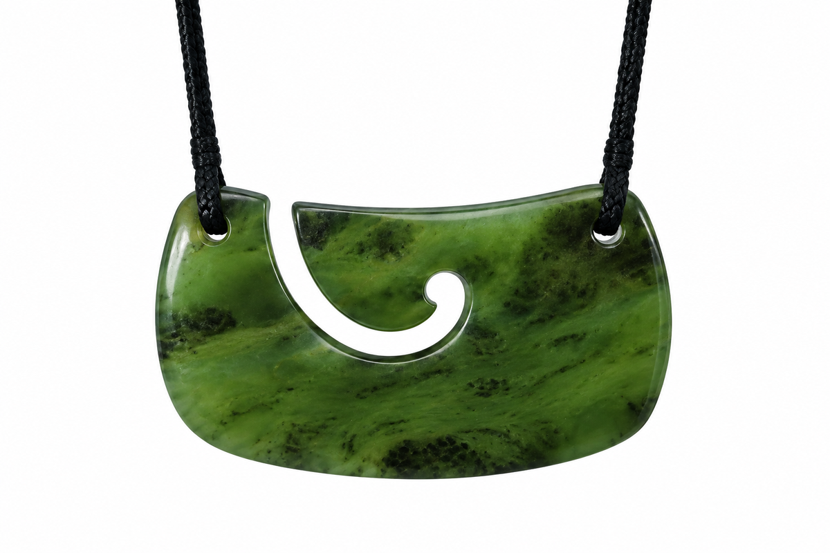 A green marbled stone pendant necklace with a white carved cutout and a black braided cord, shown against a plain white background.