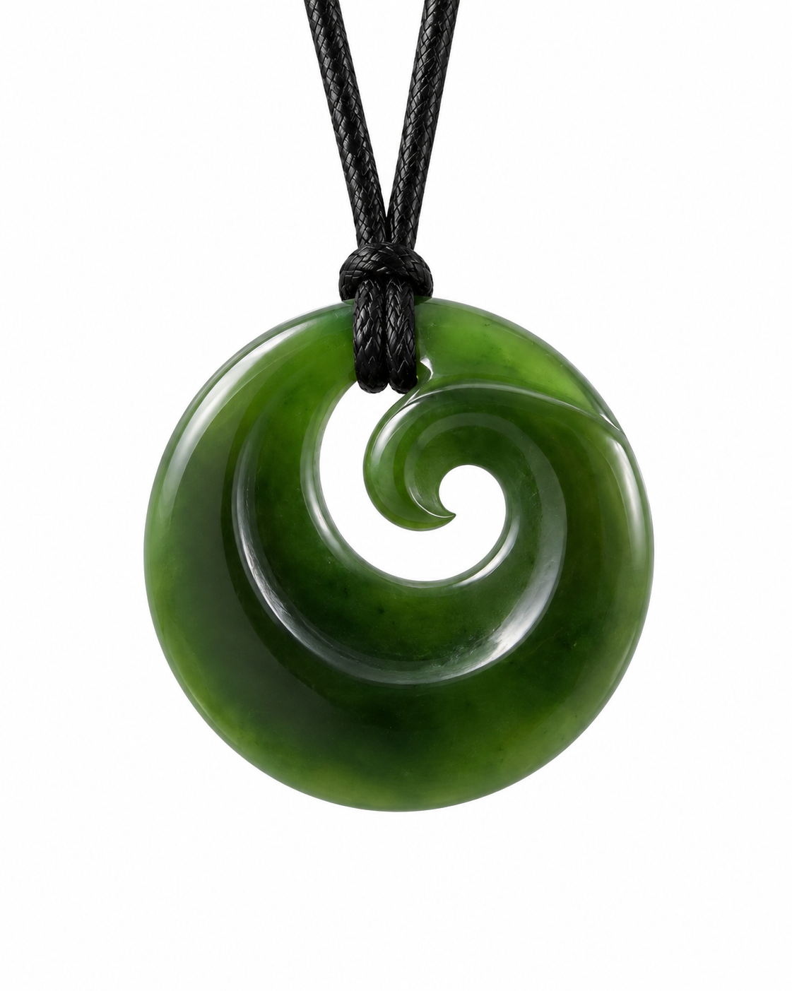 A green polished stone pendant with a carved spiral motif, suspended from a black braided cord against a plain white background.