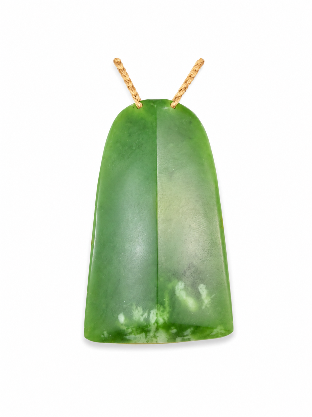 A green jadeite pendant with a polished, smooth texture and a gold chain, shown against a plain white background.