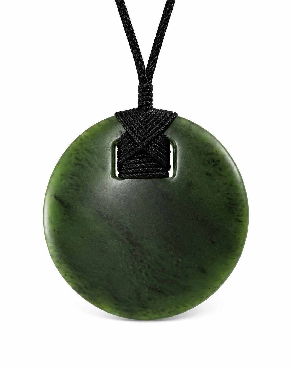 A round green stone pendant necklace with a carved hanging loop, suspended from a black braided cord, shown against a plain white background.