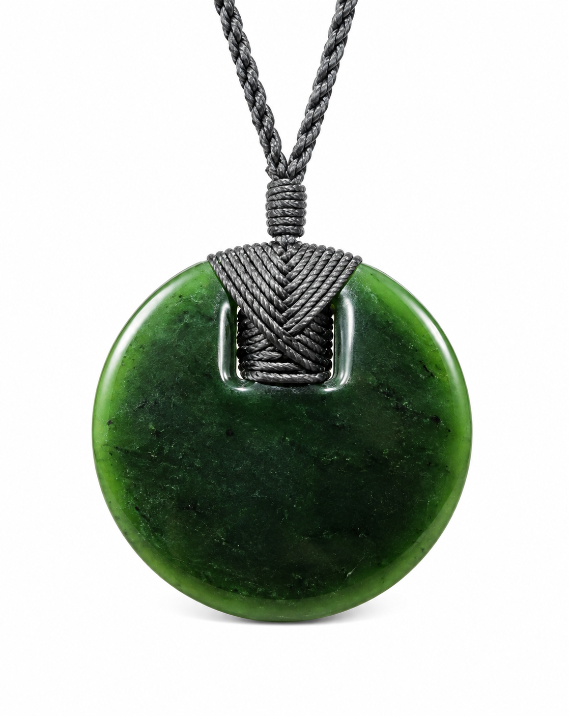 A polished dark green New Zealand Polynesian kahu pendant necklace on a black braided cord, shown against a plain white background.