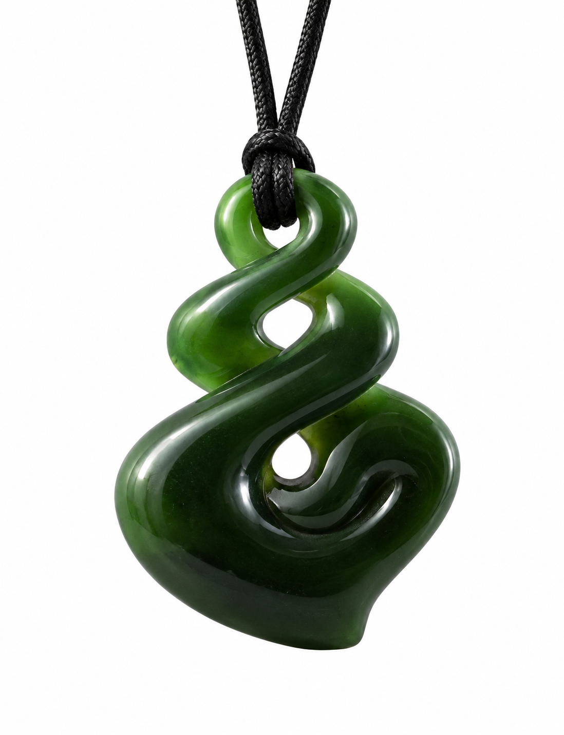 A carved green stone pendant necklace with a black cord, featuring a smooth, polished, spiral design on a plain white background.