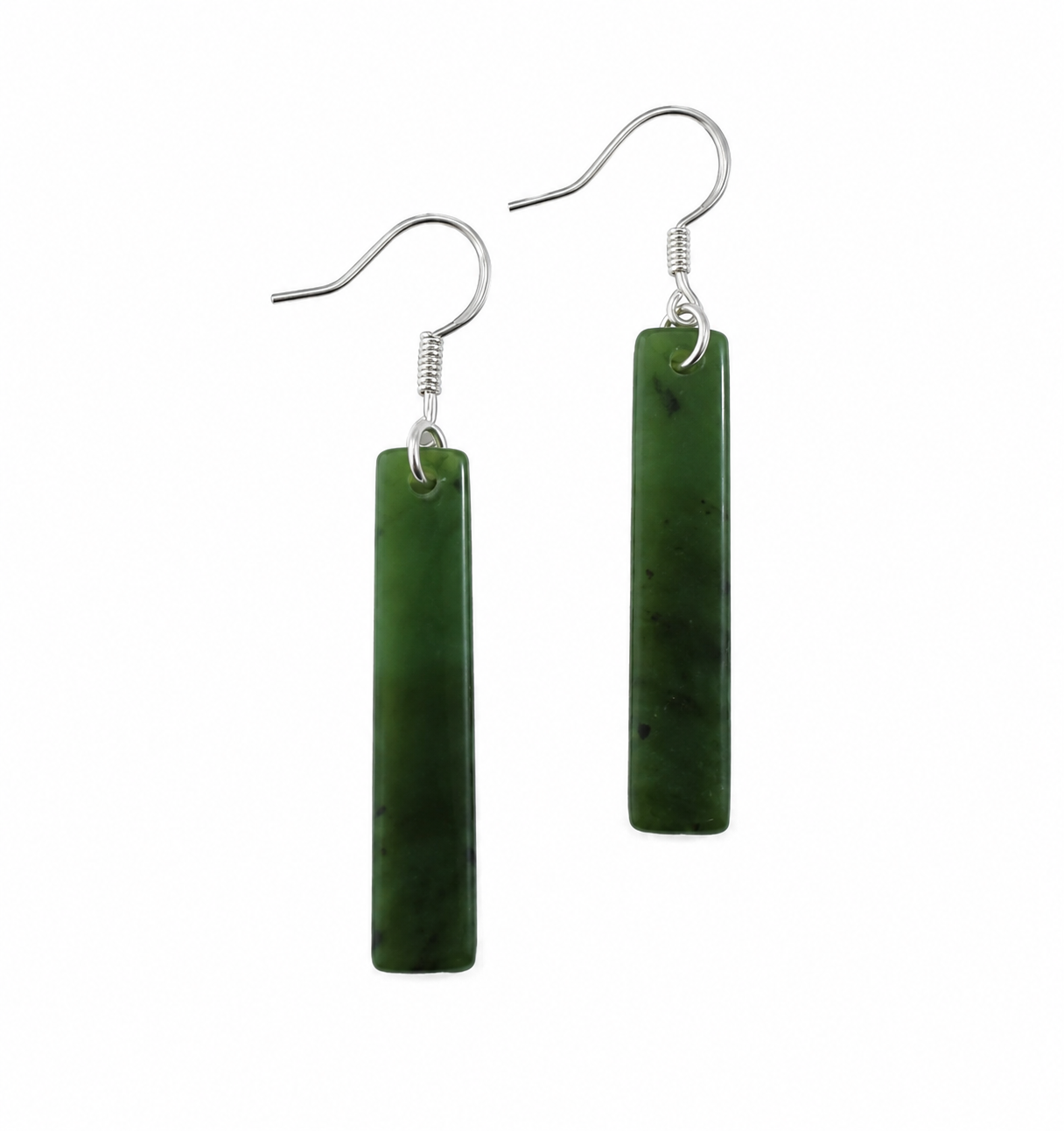 A pair of rectangular green stone drop earrings with silver fishhook ear wires, shown against a plain white background.