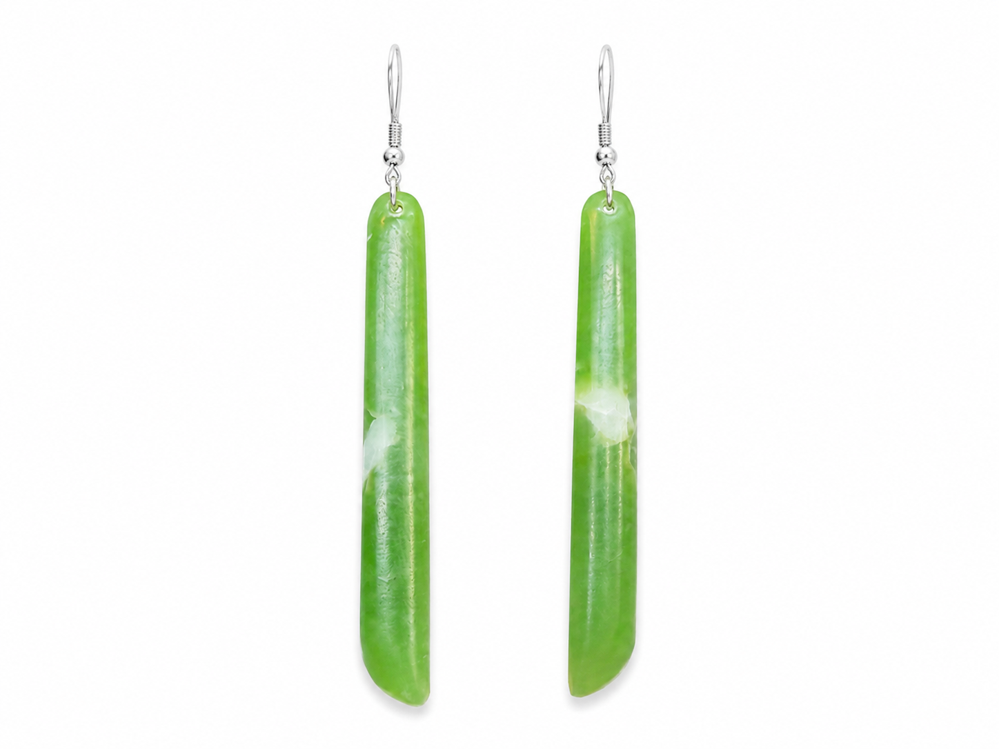 A pair of long, vertical green stone dangle earrings with silver fishhook ear wires, shown against a plain white background.