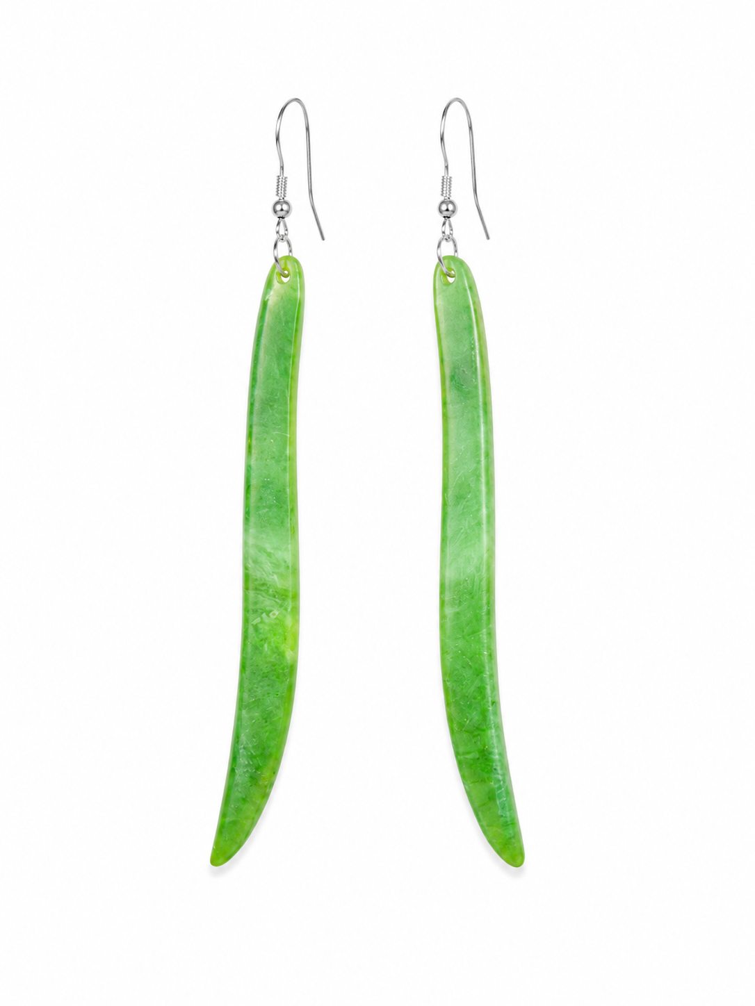 A pair of dangling earrings shaped like green snapdragon pods, suspended from silver fishhook wires on a plain white background.