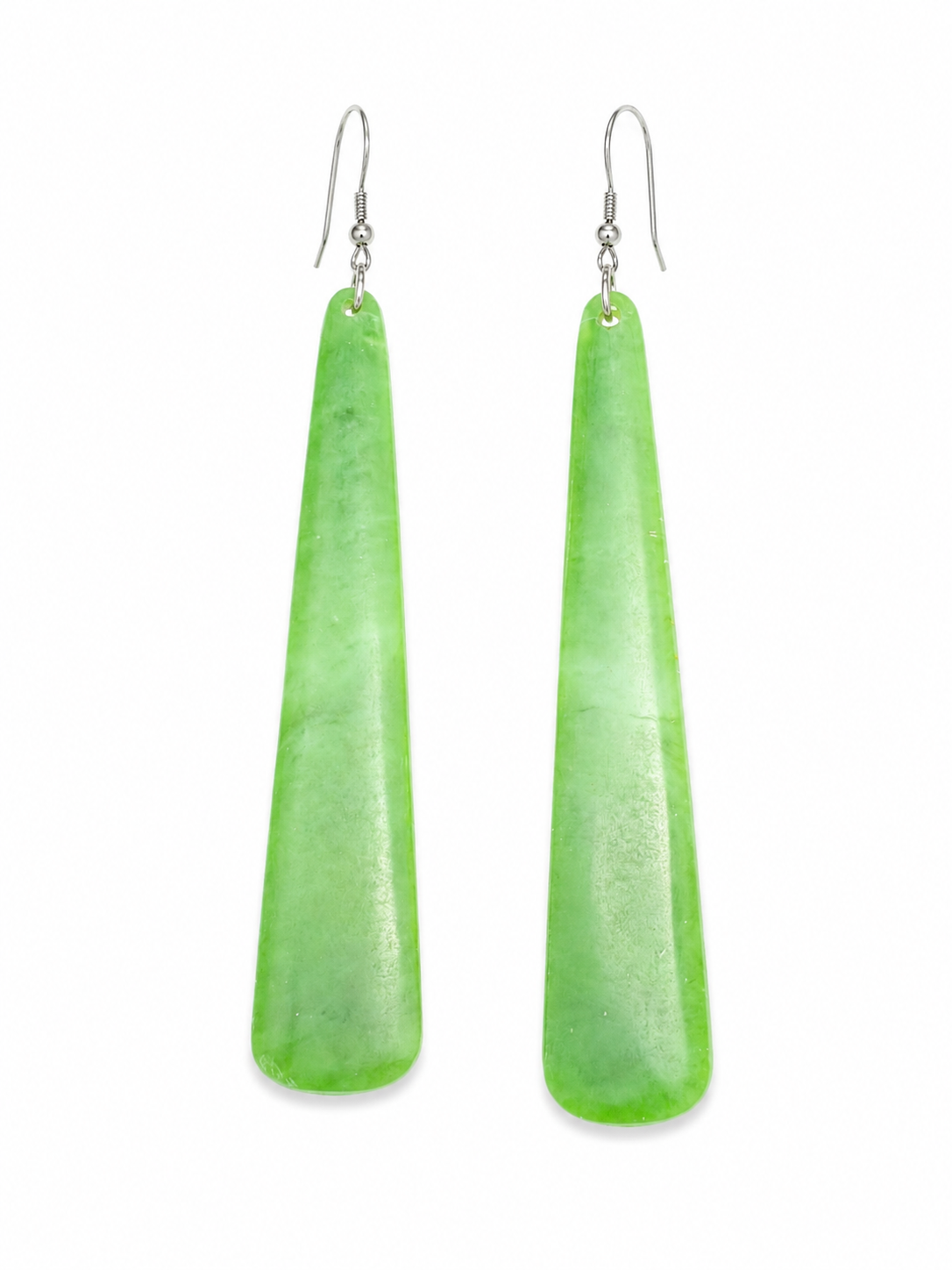 A pair of long, teardrop-shaped green stone dangle earrings with silver fishhook wires, shown against a plain white background.