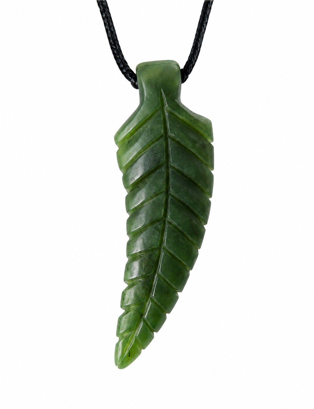 A green carved leaf-shaped pendant necklace on a black cord, shown against a plain white background.