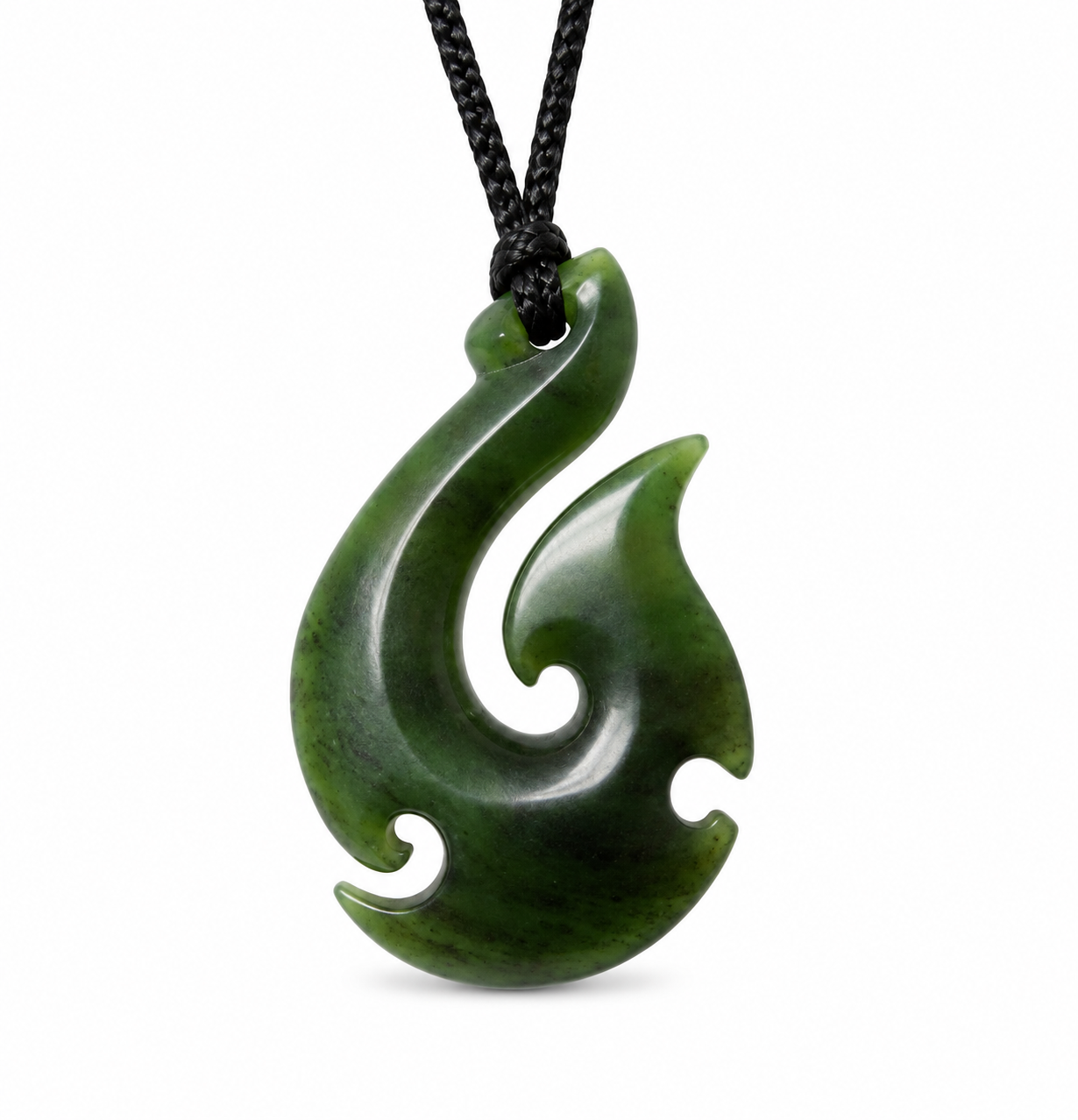 A green polished stone pendant necklace with a carved, curved design and a black braided cord, shown on a plain white background.