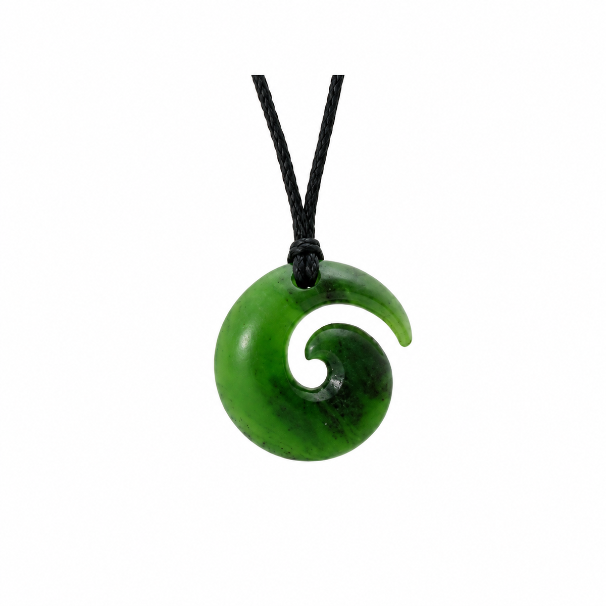 A green carved spiral pendant necklace on a black cord, shown against a plain white background.