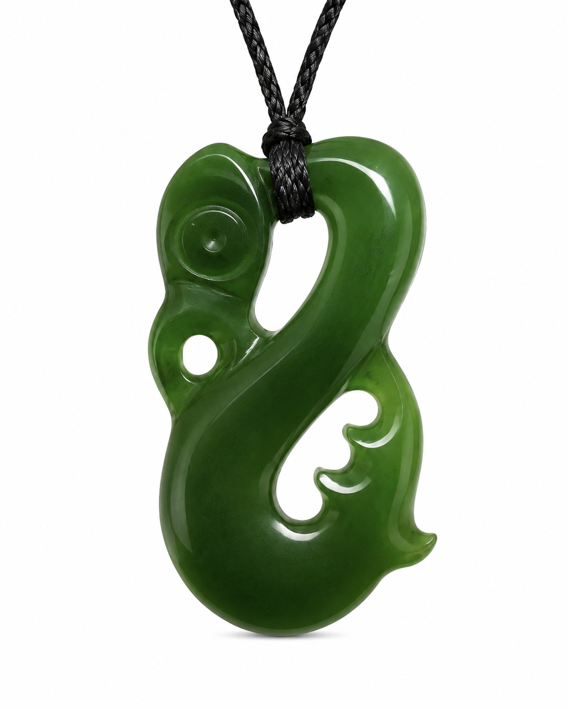 A green jadeite pendant with a carved, curved design and a black braided cord, shown against a plain white background.