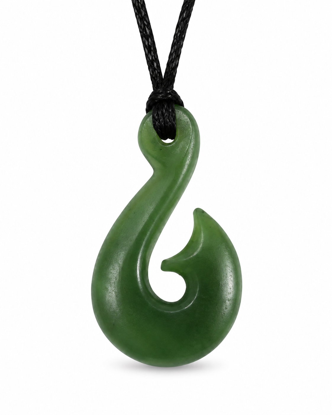 A green carved stone pendant necklace shaped like a hook, suspended from a black cord against a plain white background.