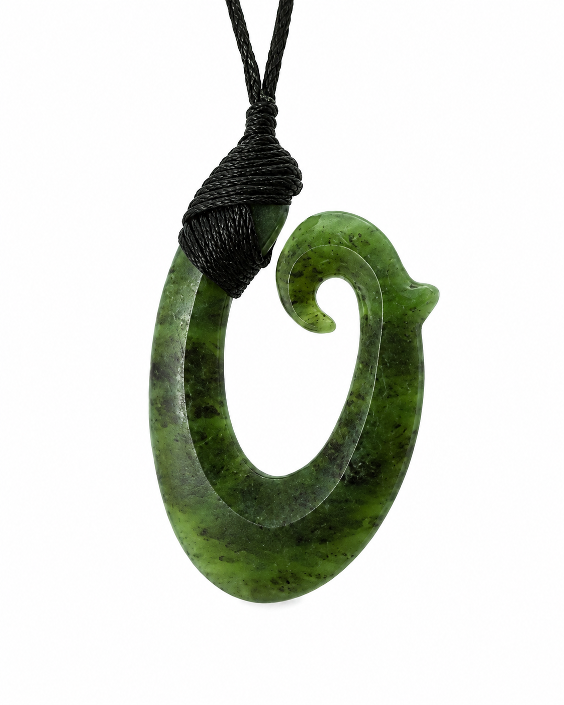 A green marbled stone pendant necklace shaped like a curved hook with a black wrapped cord at the top, shown on a plain white background.