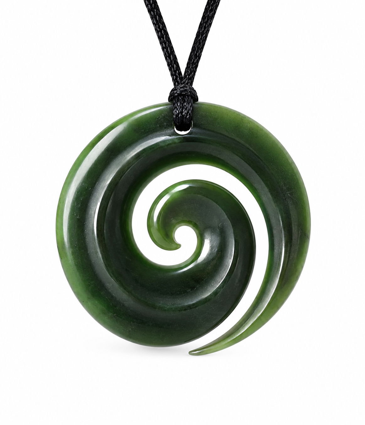 A green carved spiral pendant necklace made of polished stone, suspended from a black cord on a white background.