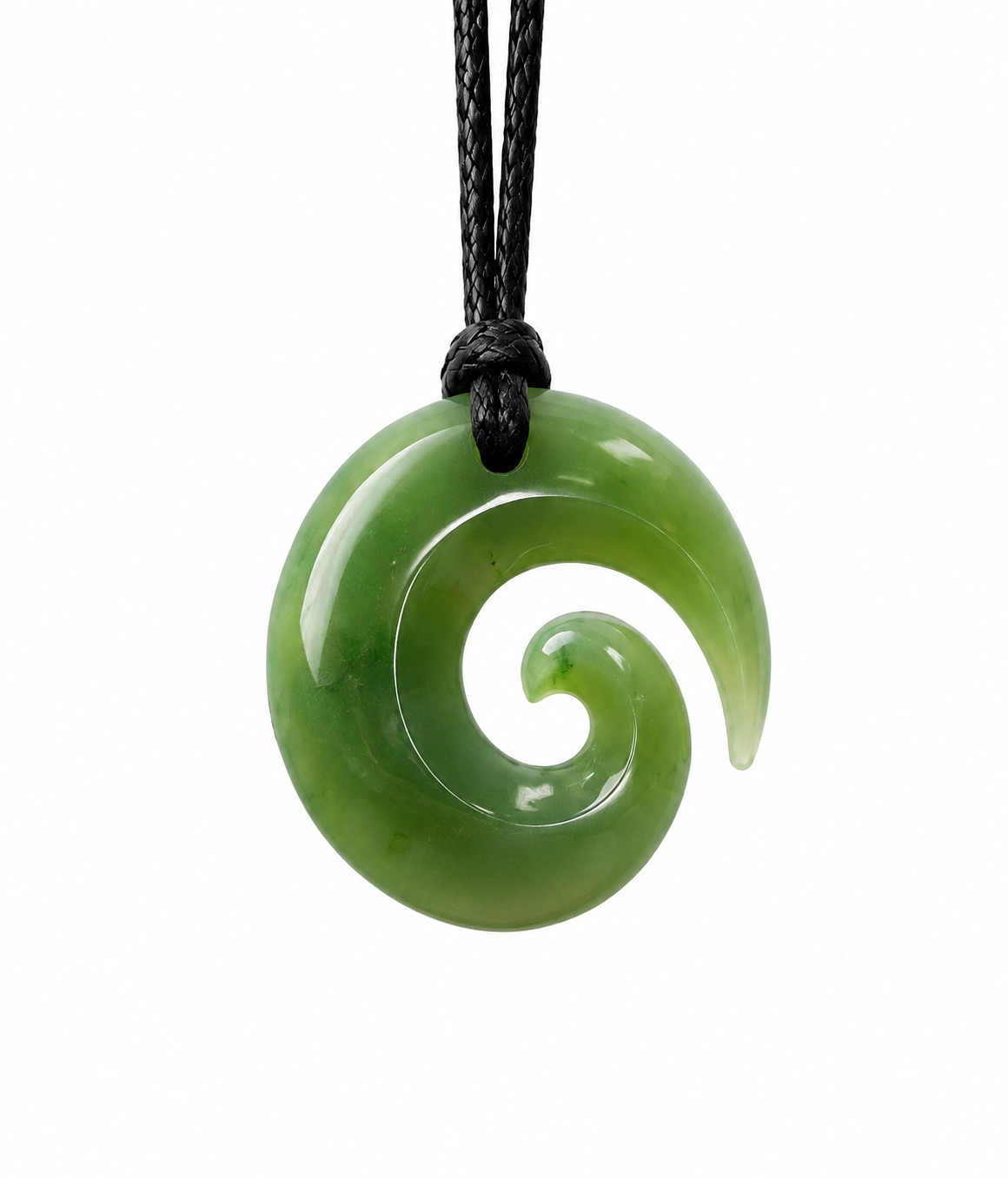 A green polished carved pendant with a spiral design, suspended from a black braided cord, shown against a plain white background.