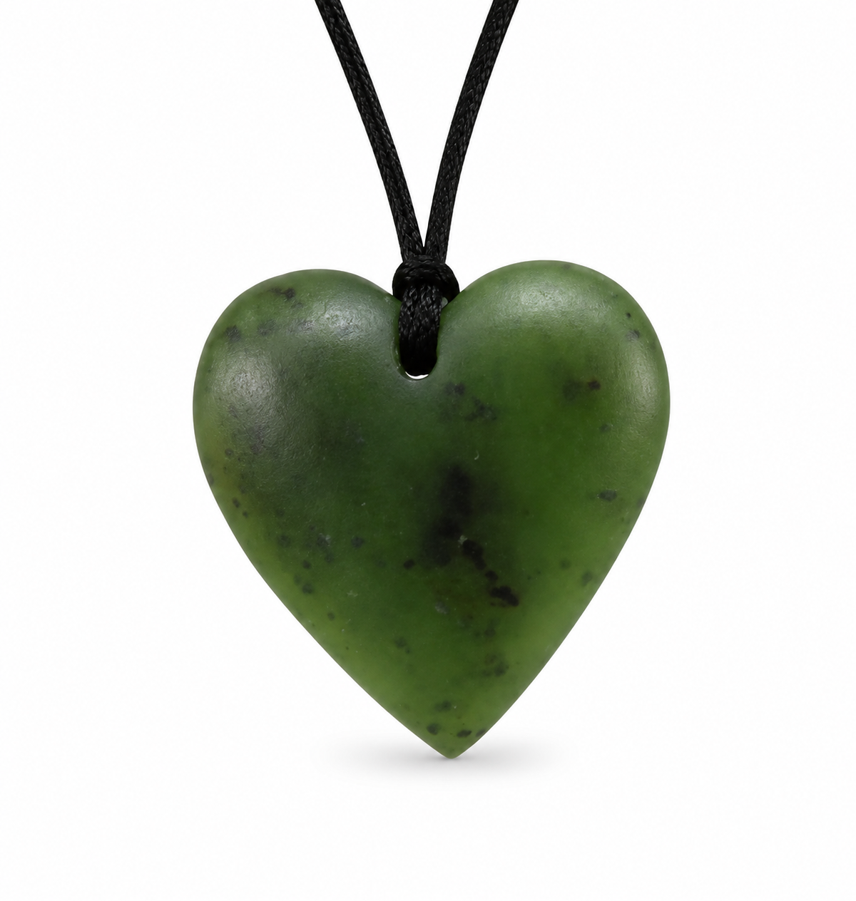 A heart-shaped green stone pendant necklace with a black cord, shown against a plain white background.