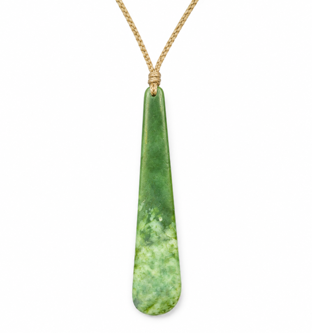 A green teardrop-shaped stone pendant necklace with a gold chain, shown against a plain white background.