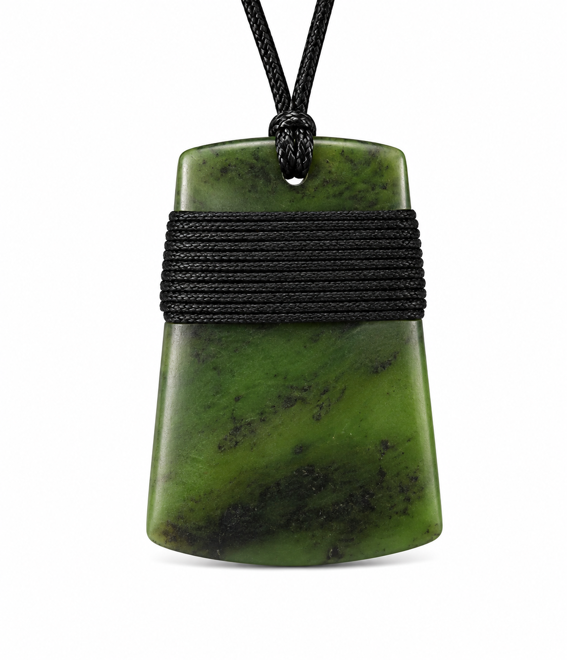A green polished stone pendant with natural marbling, wrapped in a black braided cord band and hanging from a black cord necklace, shown against a plain white background.