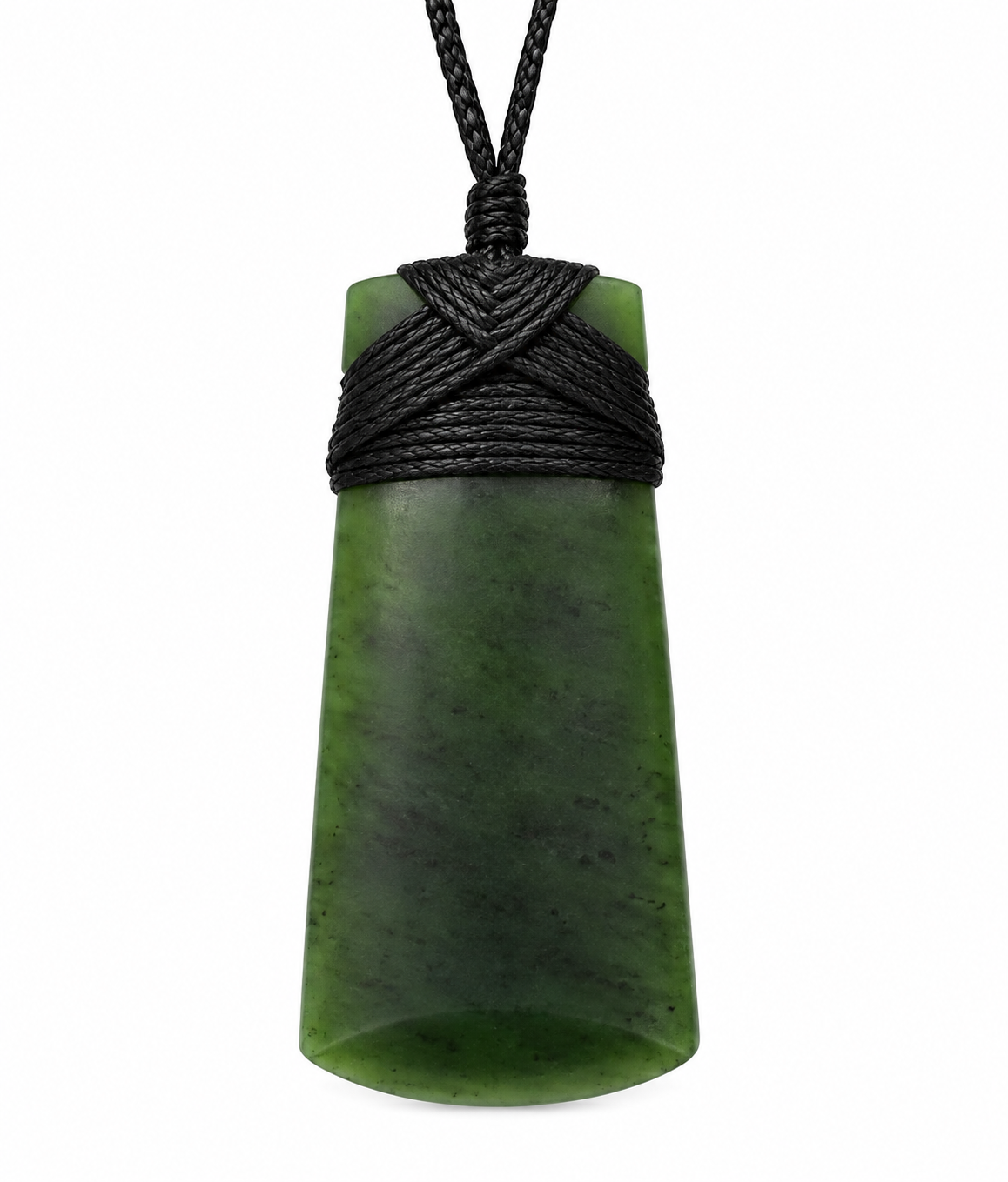 A green polished stone pendant with a black braided cord wrap and matching black hanging cord, shown on a plain white background.