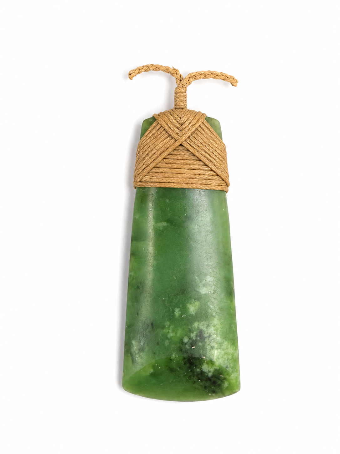 A green jade pendant with natural marbling and a tan woven cord wrap at the top, shown on a plain white background.