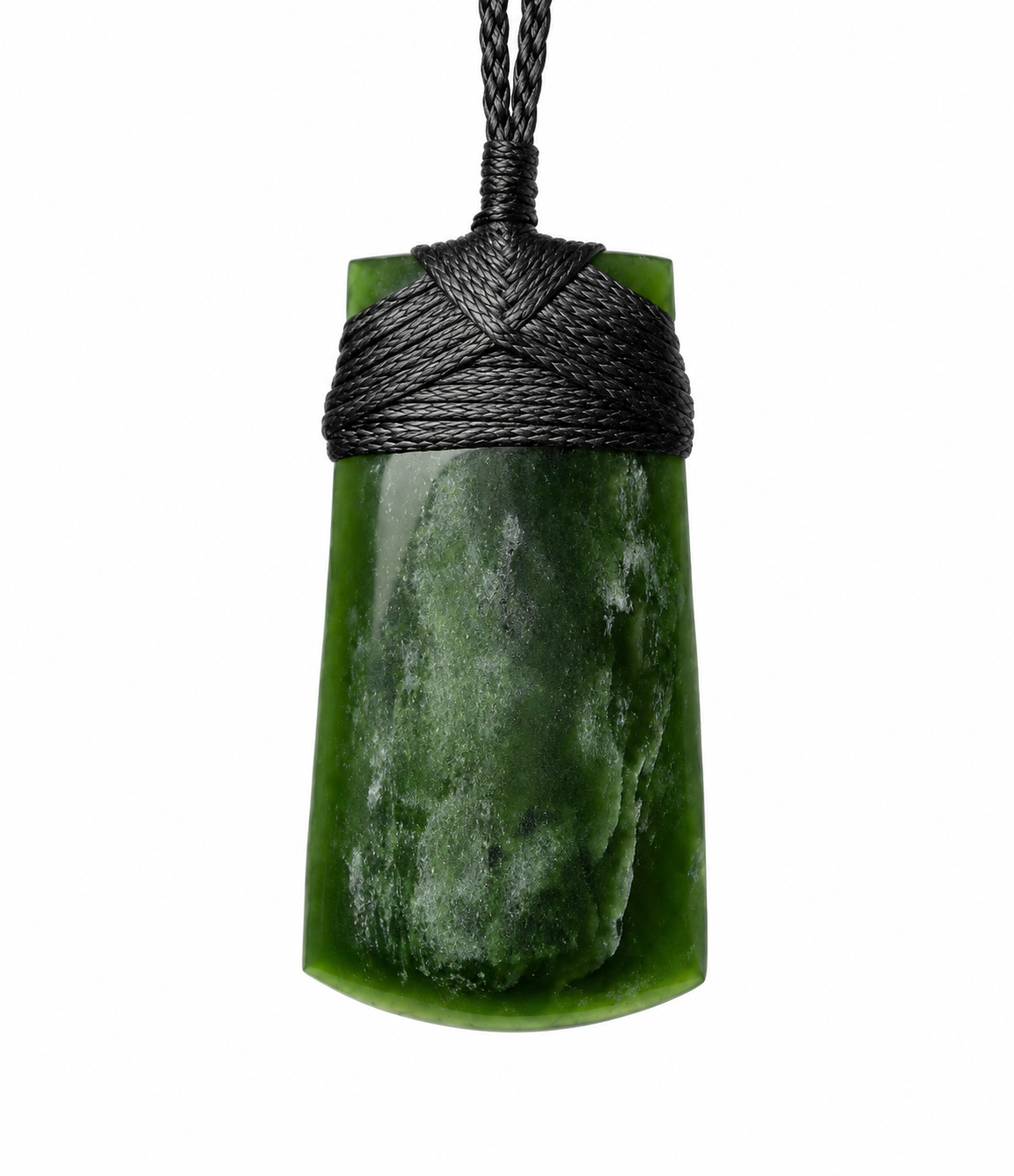 A green polished stone pendant with a black braided cord wrap and hanging loop, shown against a plain white background.