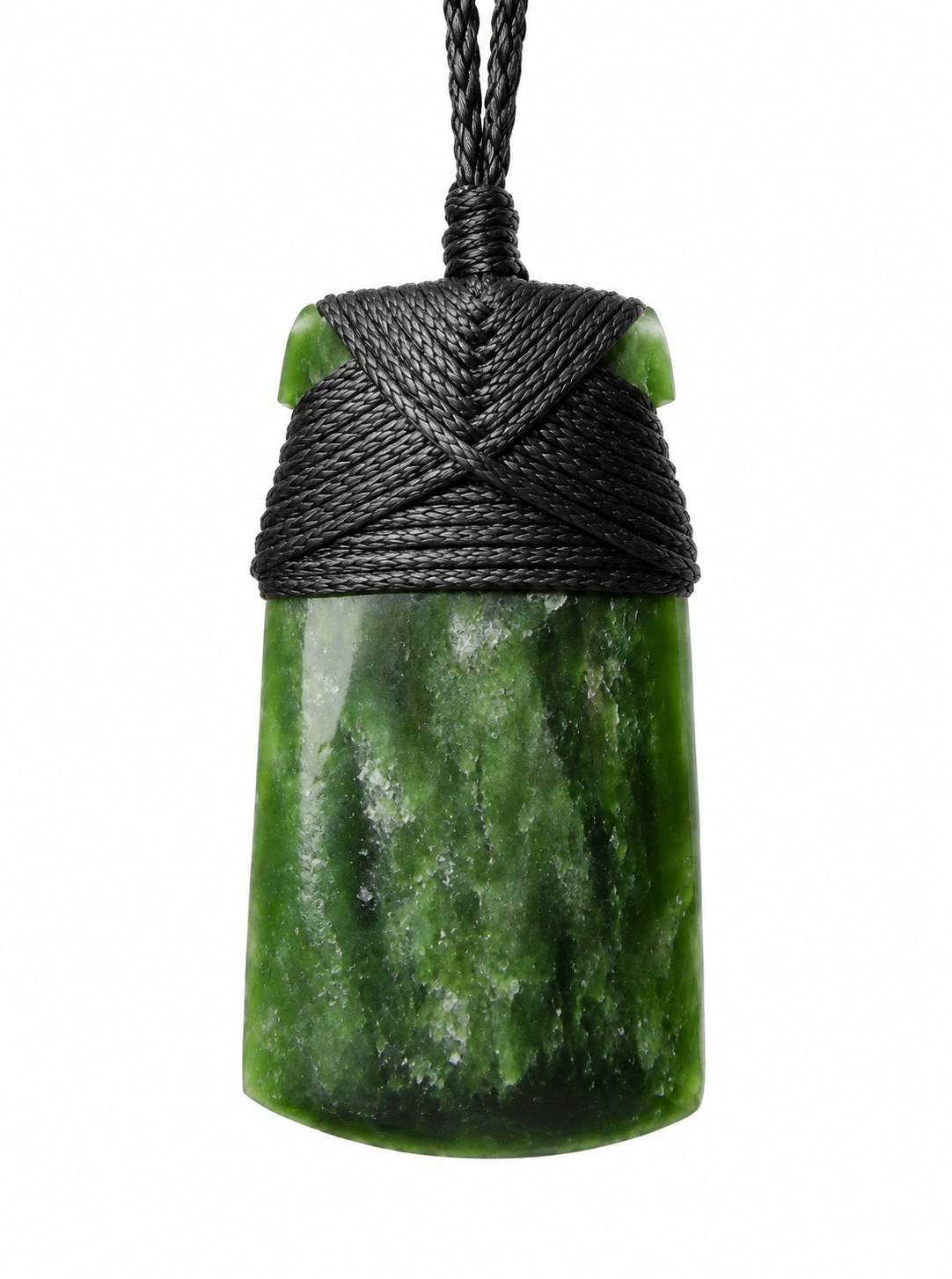 A green jade pendant with a black braided cord wrap and a black hanging cord, shown against a plain white background.