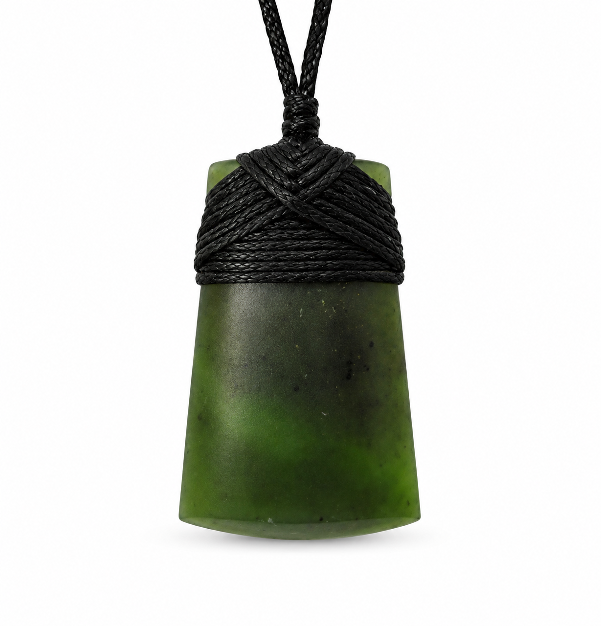 A green polished stone pendant with a black braided cord wrapped around the neck, suspended on a black cord against a white background.