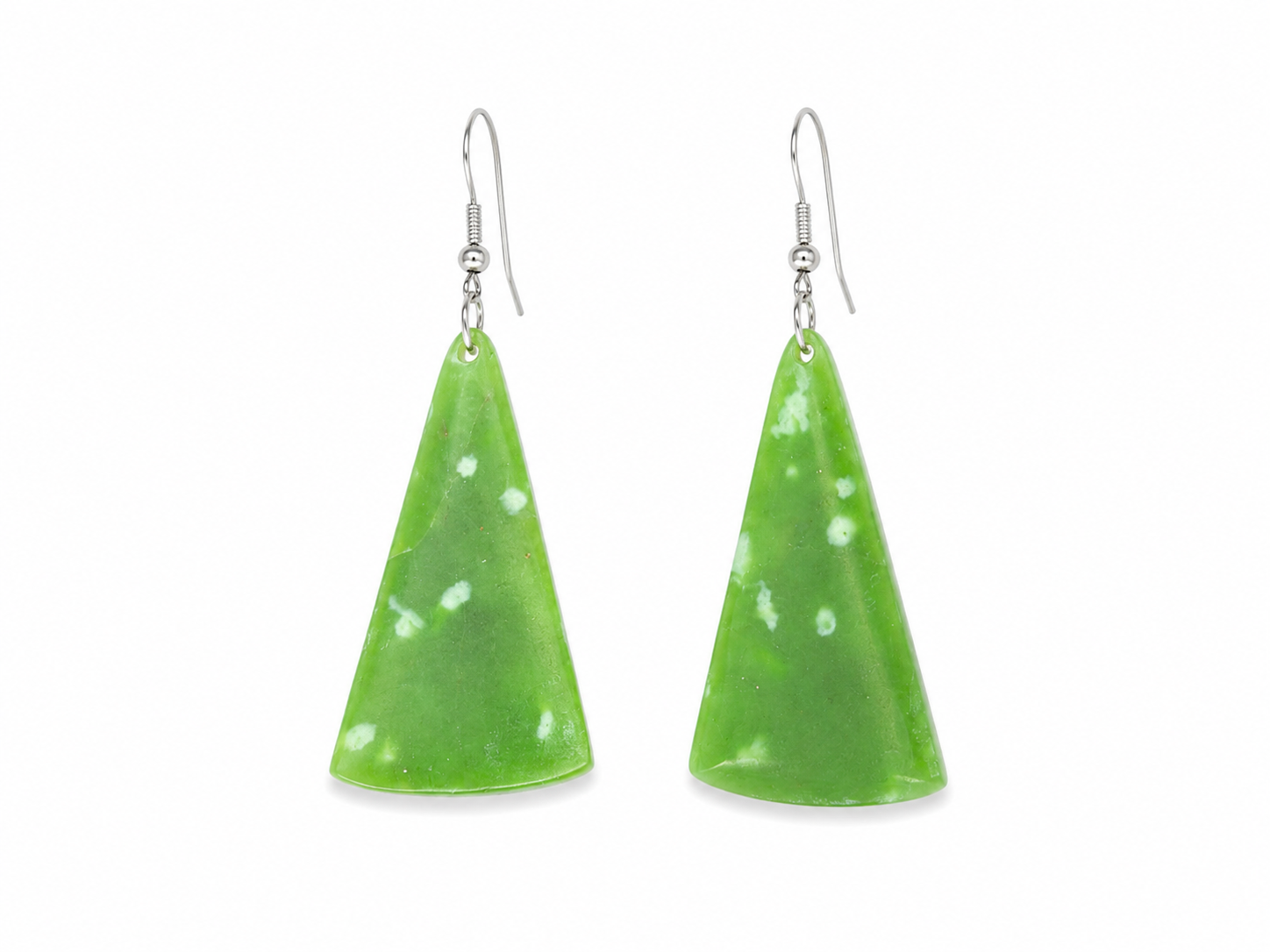 A pair of green cone-shaped dangle earrings with white speckles and silver fishhook wires, shown against a plain white background.