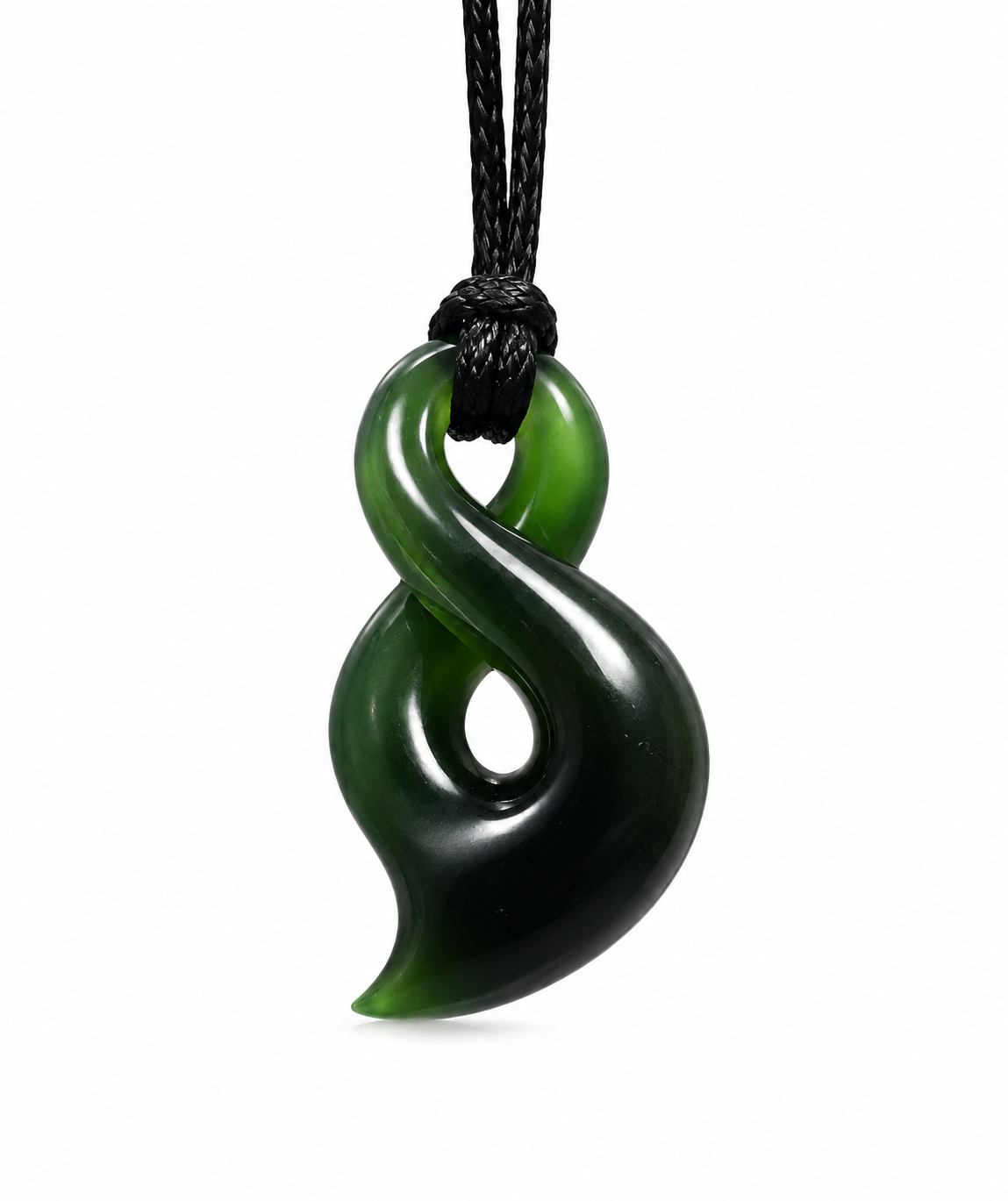 A dark green to black polished carved pendant necklace on a black cord, shown against a plain white background.