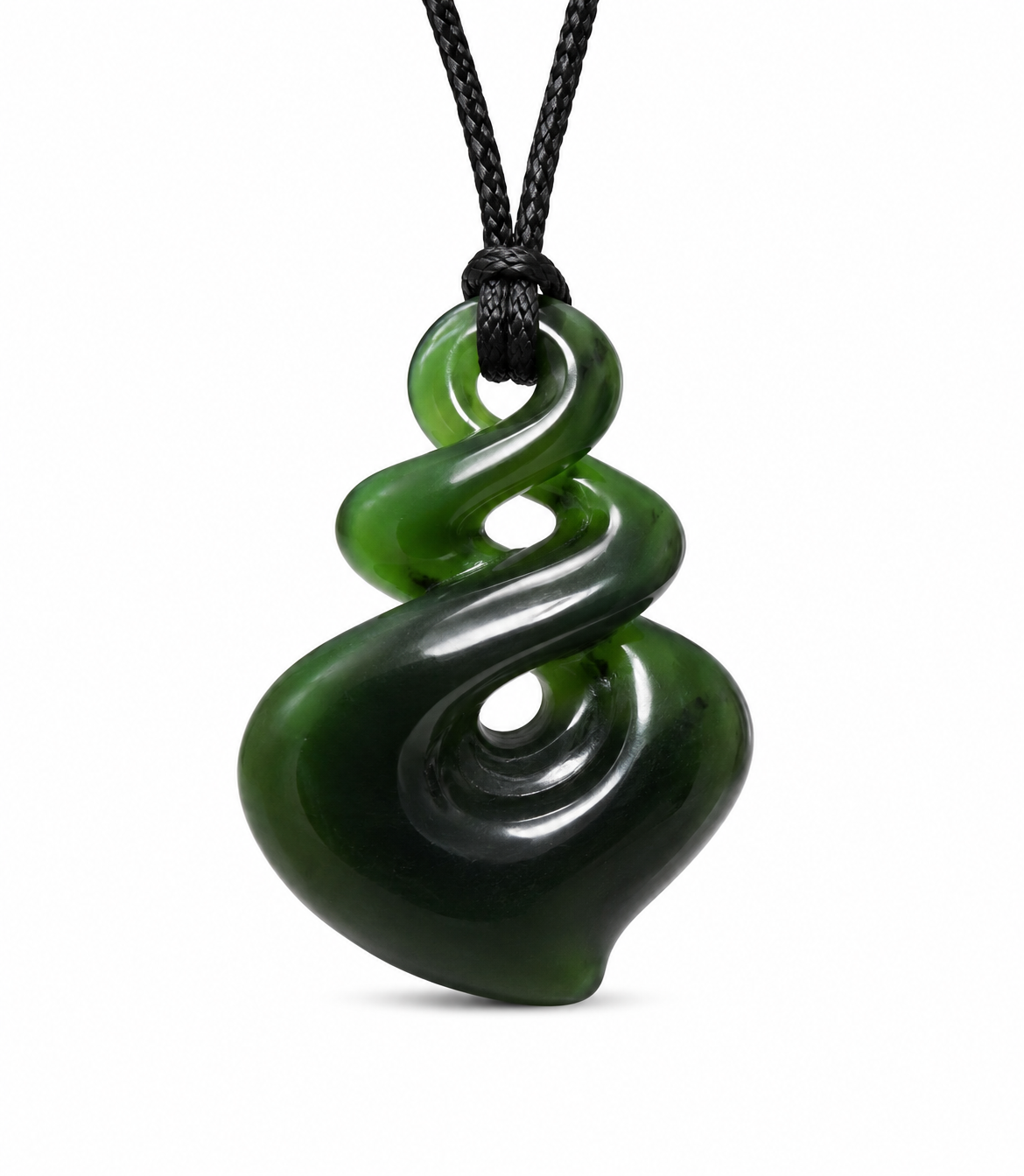 A dark green polished stone pendant with a glossy finish, featuring a swirling, coiled organic shape. The pendant is suspended from a black braided cord and is photographed against a clean white background.
