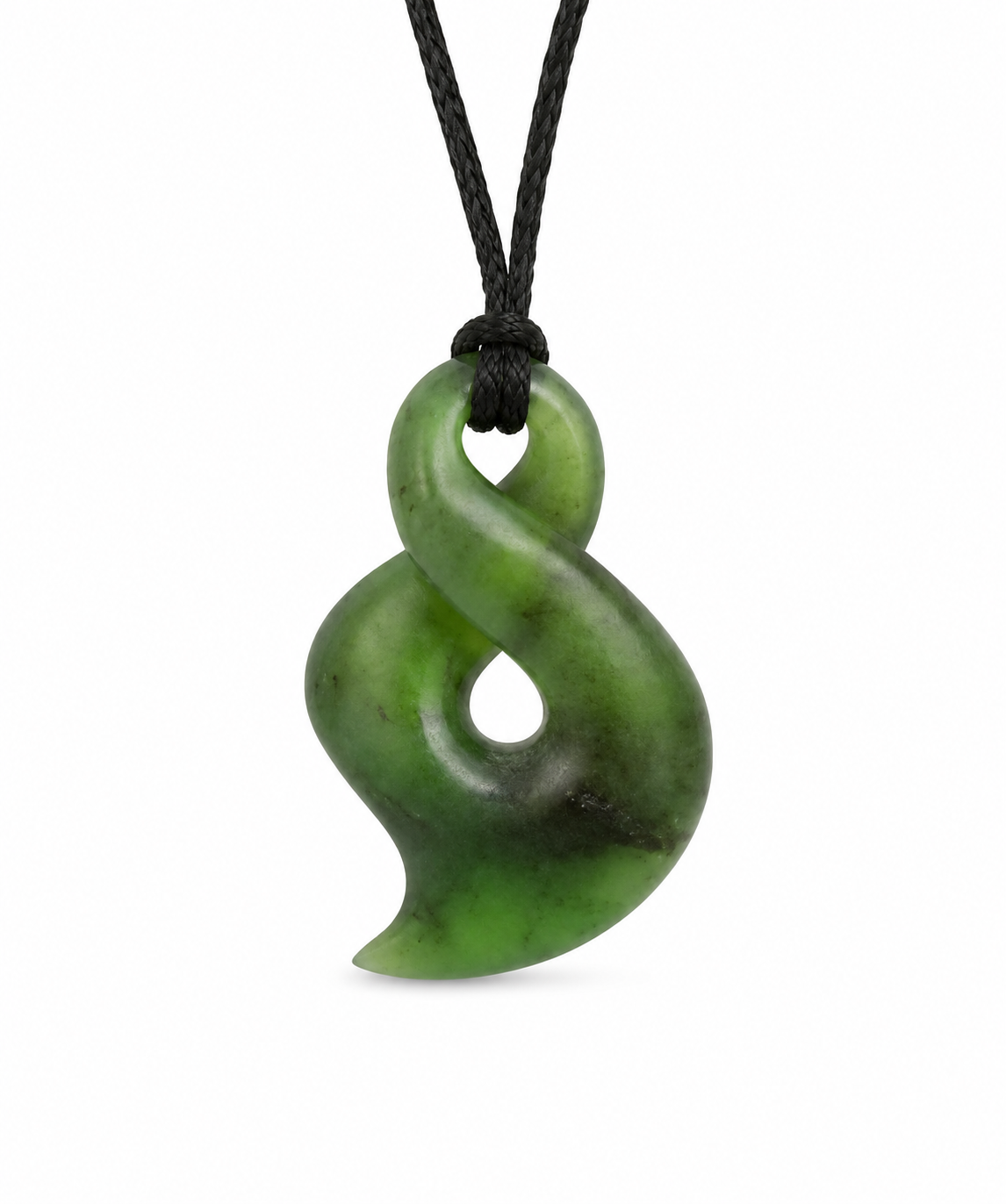 A green carved stone pendant necklace with a black cord, shown against a plain white background.