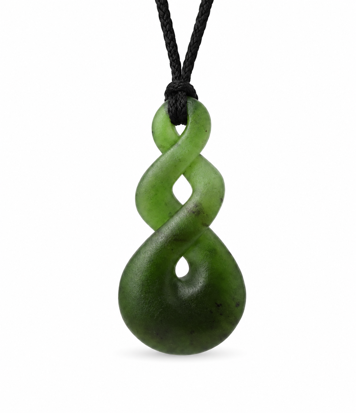 A green carved pendant necklace with a twisted, teardrop-shaped design hanging from a black cord, shown against a plain white background.