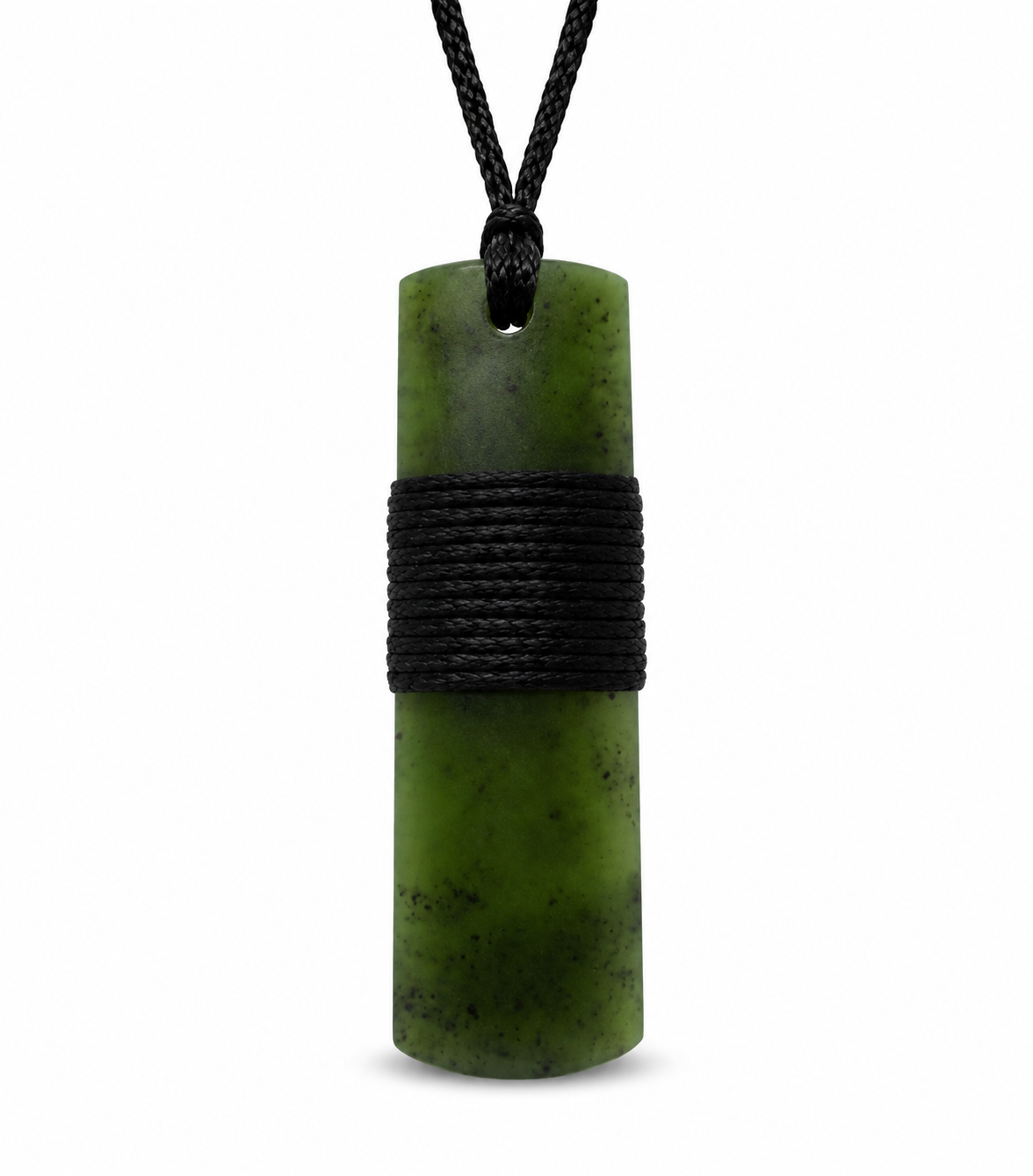 A green stone pendant necklace with a cylindrical shape, wrapped in a black cord band, hanging from a black braided cord on a white background.