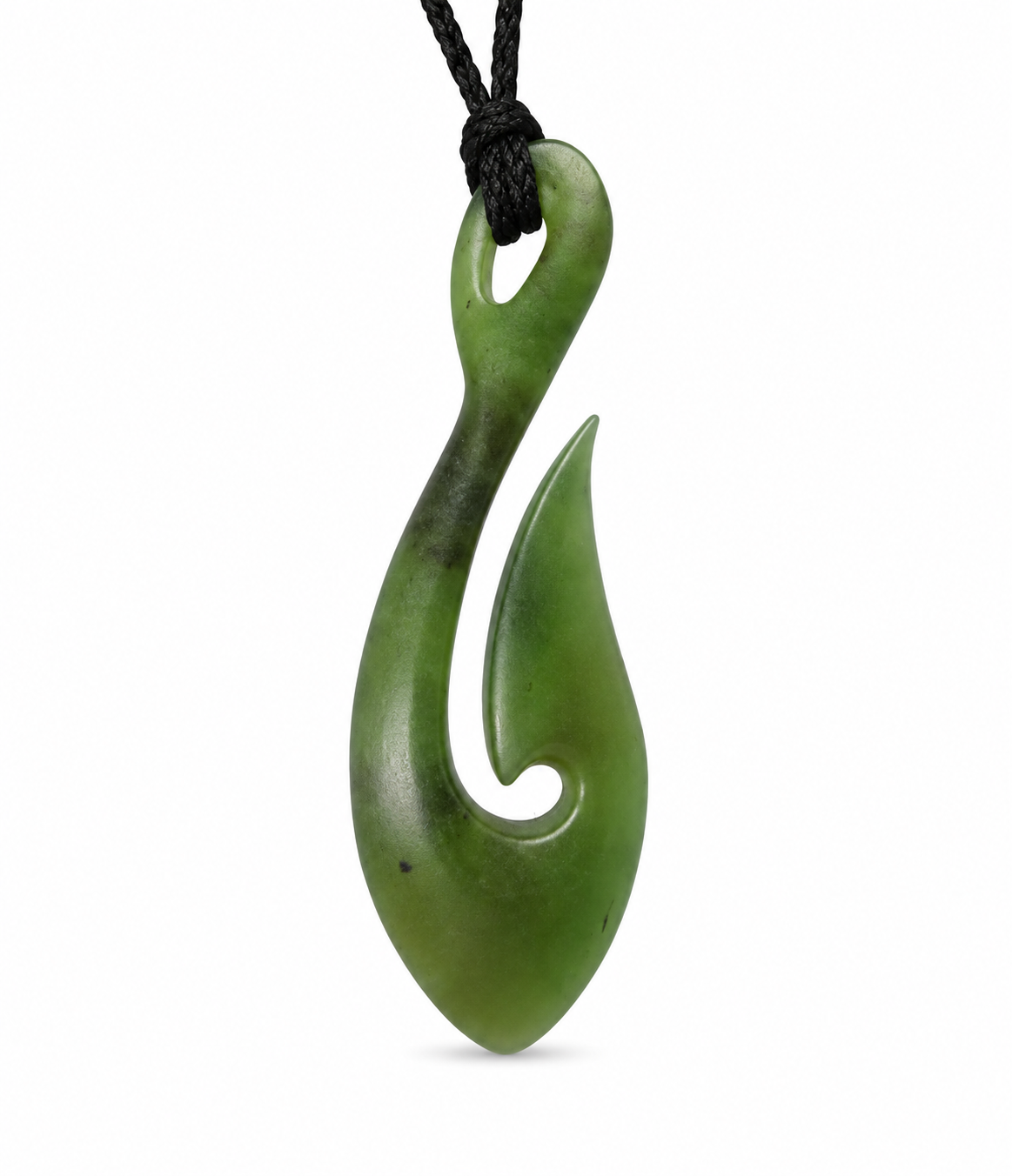 A green polished stone or jade pendant shaped like a hook with a black cord, shown against a plain white background.